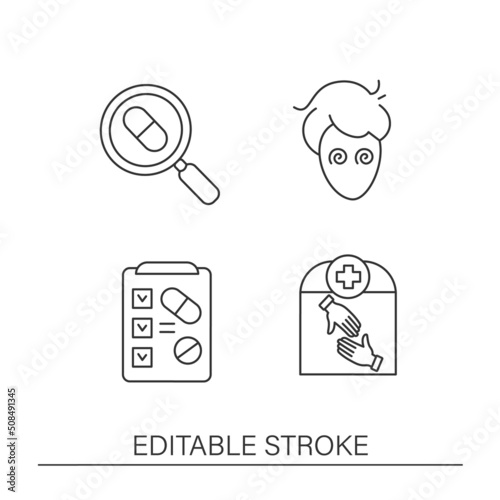  Against drug line icons set. Injections, smoking weed and cigarettes. Drug test. Bad habits concepts. Isolated vector illustrations. Editable stroke