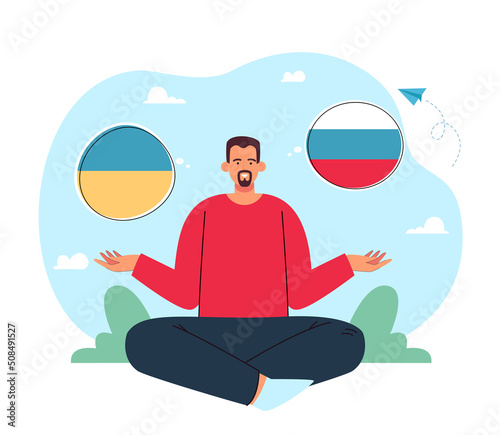 Man sitting in lotus pose choosing between Ukraine and Russia. Male person with Russian and Ukrainian symbols flat vector illustration. War, politics, conflict concept for banner or landing web page
