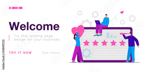 Company people studying analytics and customer feedback. SEO management, digital marketing flat vector illustration. Brand reputation, social media concept for banner, website design or landing page