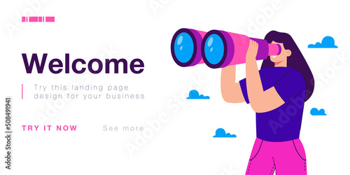 Cartoon woman looking far ahead with help of big binoculars. Happy female tourist or businesswoman flat vector illustration. Traveling, tourism, adventure concept for banner or landing web page