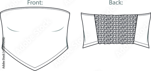 Vector woman strapless blouse sketch, sleeveless blouse fashion CAD, summer crop top technical sketch, female flat, template.  Jersey or woven fabric corset top with front, back view, white color photo
