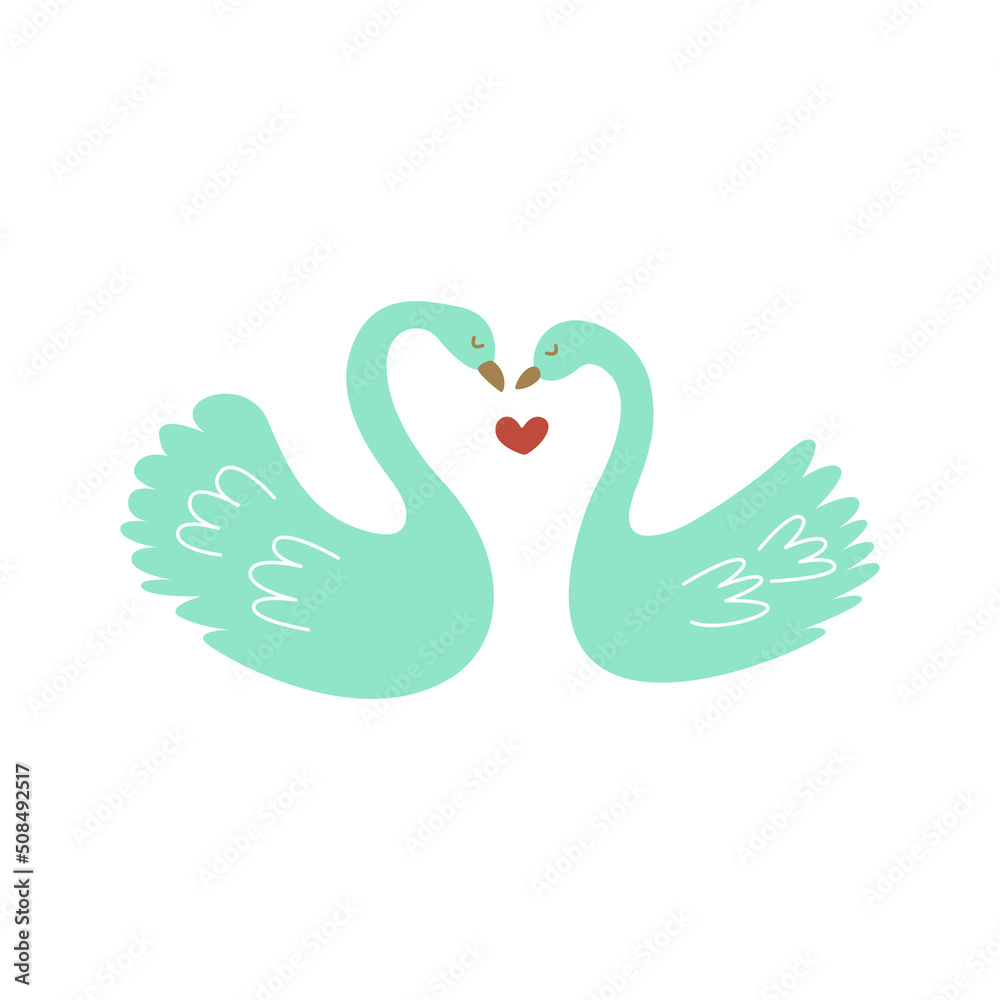 Obraz premium Two swans in love. Colorful vector illustration hand drawn. Card or print. Pair of birds symbolizing true light pure feelings. Poster