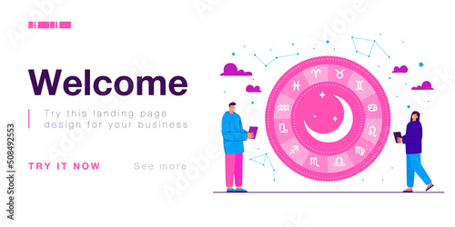 Man and woman looking at star signs in sky and reading horoscope. Tiny people and set of zodiac constellations flat vector illustration. Astrology and astronomy, esoteric ornaments design concept
