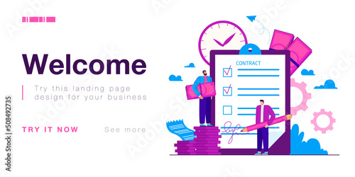 Man signing loan contract agreement. Tiny person holding pencil, standing near paper document with signature on clipboard flat vector illustration. Mortgage service, bank credit, interest concept