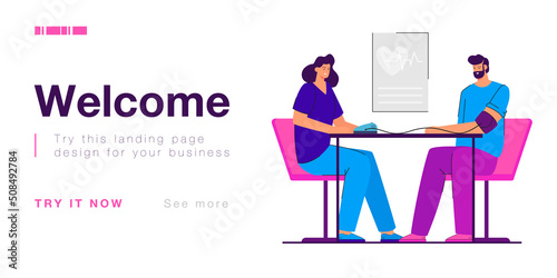 Cartoon cardiologist taking blood pressure of sick man in office. Doctor or physician with patient in medical room in hospital or clinic flat vector illustration. Cardiology, health concept for banner