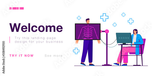 Doctor making X-ray of patient in radiology room to confirm diagnosis. Medical officer examining male person in clinic flat vector illustration. Diagnostics, healthcare, medicine concept