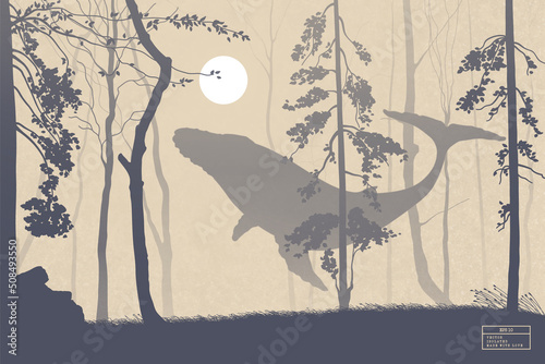 Flying whale in forest. Mystical animal isolated silhouette. Surreal landscape