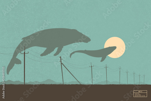 Flying whales. Fantastic animal isolated silhouette. Surreal landscape