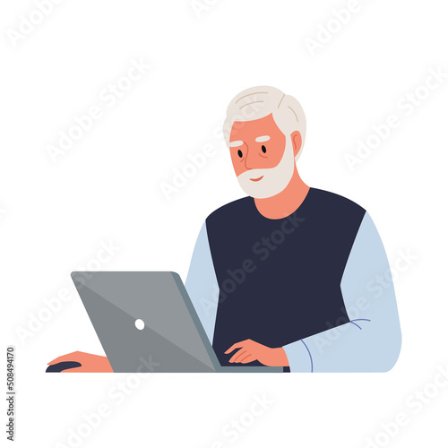 Happy grandpa with laptop. Freelance, online training, email checking, webinar. Concept of technology and old people. Flat vector illustration.