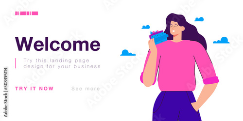 Fat female cartoon person with piece of cake in hand. Woman eating sweet treat flat vector illustration. Food, healthy lifestyle, bakery concept for banner, website design or landing web page