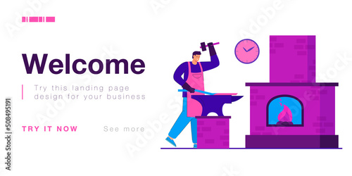 Hard work of blacksmith and craftsman forging iron on anvil. Man in leather apron working with hammer on hot metal stick near forge flat vector illustration. Smithy workshop, craft profession concept