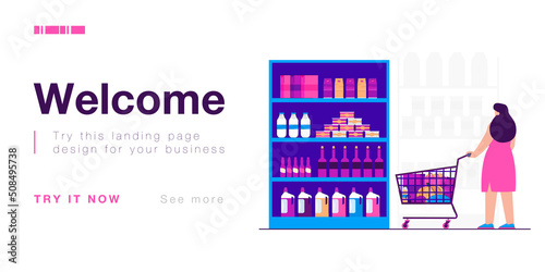 Customer with trolley buying variety of food in grocery store. Woman choosing goods on shelves of supermarket, standing in aisle flat vector illustration. Hypermarket department, consumerism concept