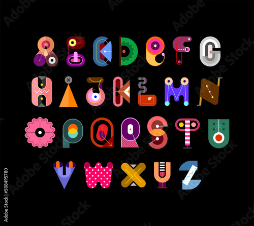 Font Of Abstract Geometric Designs. Abstract geometric shapes font design isolated on a light background. Each letter is on a separate layer in the vector EPS file.
