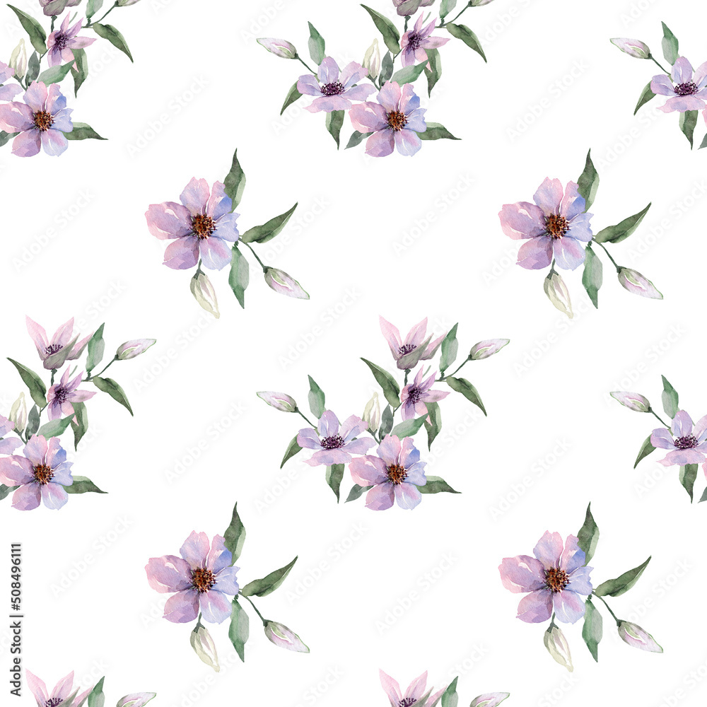Seamless floral summer pattern bouquet of flowers with buds, blossom branches with green leaves. Hand drawn watercolor illustration on white background for texture, textile, fabric, print, wallpaper. Seamless floral summer pattern bouquet of flowers with buds, blossom branches with green leaves. Hand drawn watercolor illustration on white background for texture, textile, fabric, print, wallpaper.
