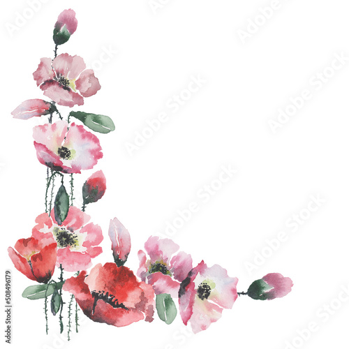 Floral corner frame. Ornament with pink flowers green leaves. Blooming meadow poppy flowers. Watercolor illustration hand drawn painting on white background for wedding invitations, cards, banner.