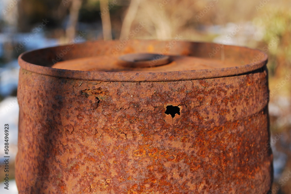 rusty metal, tin, with a hole, old and damaged - obrazy, fototapety, plakaty 