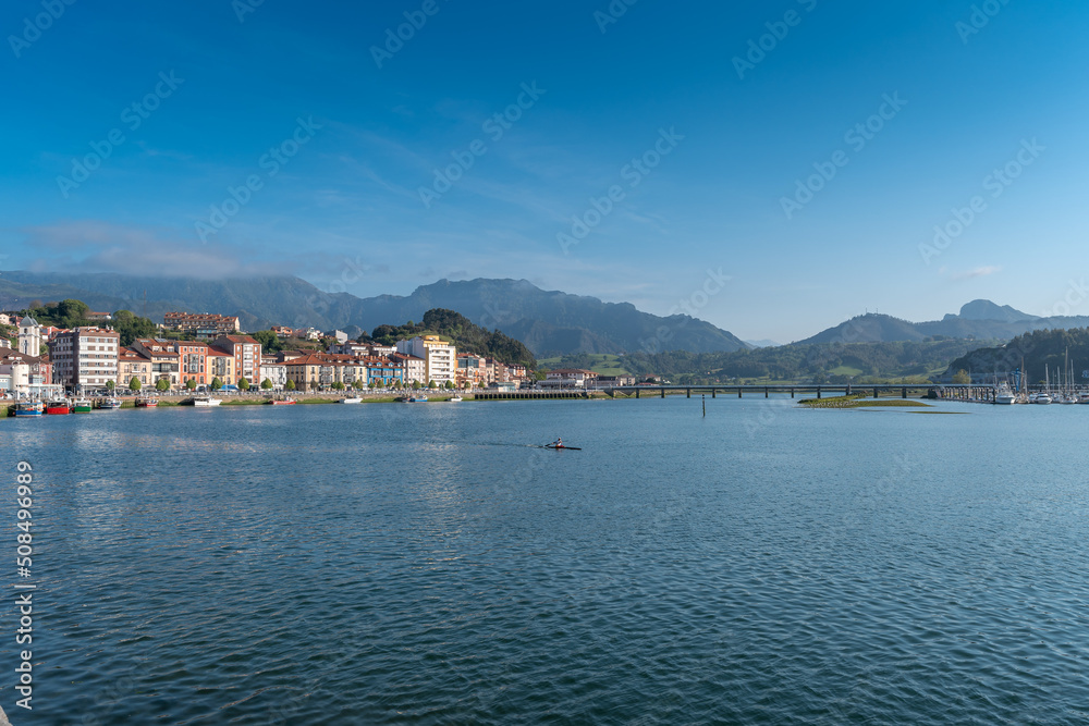 view of the city of Ribadesella from the promenade in a sunny day. Asturias. spain
