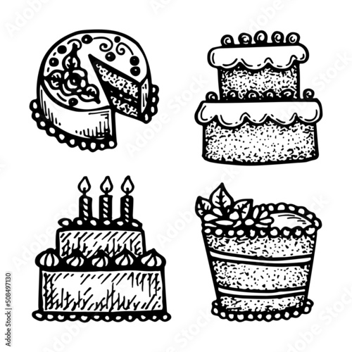 Set of birthday cakes sketch. Confectionery, biscuit with cream and candles. Sweet holiday dessert. Hand drawn vector doodle graphic.