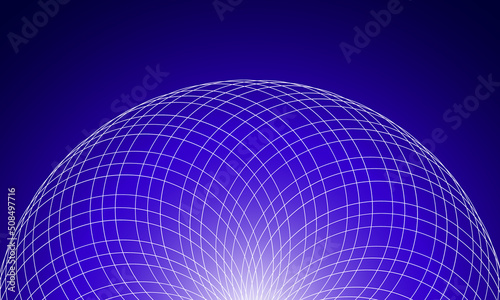 Pattern on a blue background with a geometric flower. Illustration with a luminous sunrise. Vector 3D