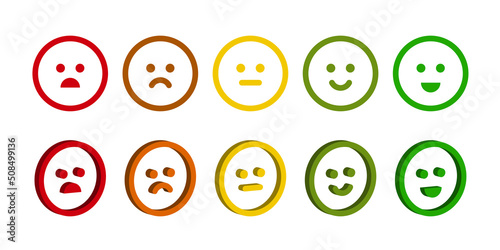 Isometric emoticon. Rating scale or pain scale in the form of emoticons. From red to green smiley. Vector clipart isolated on white background.