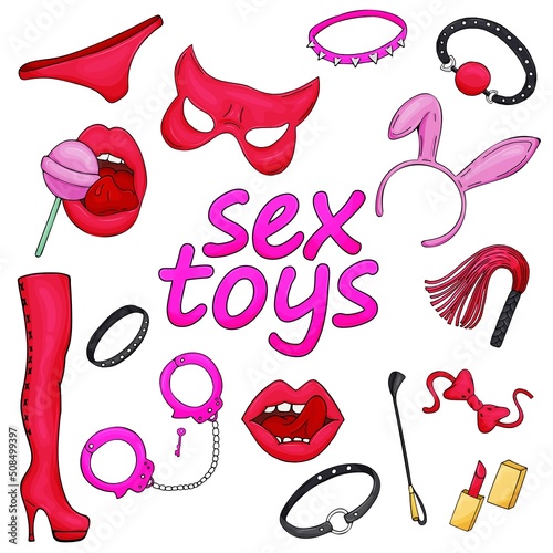 Role play accessories, red panties, mask, lipstick,, bdsm, sex shop, set of vector elements, sticker freehand drawing with black outline