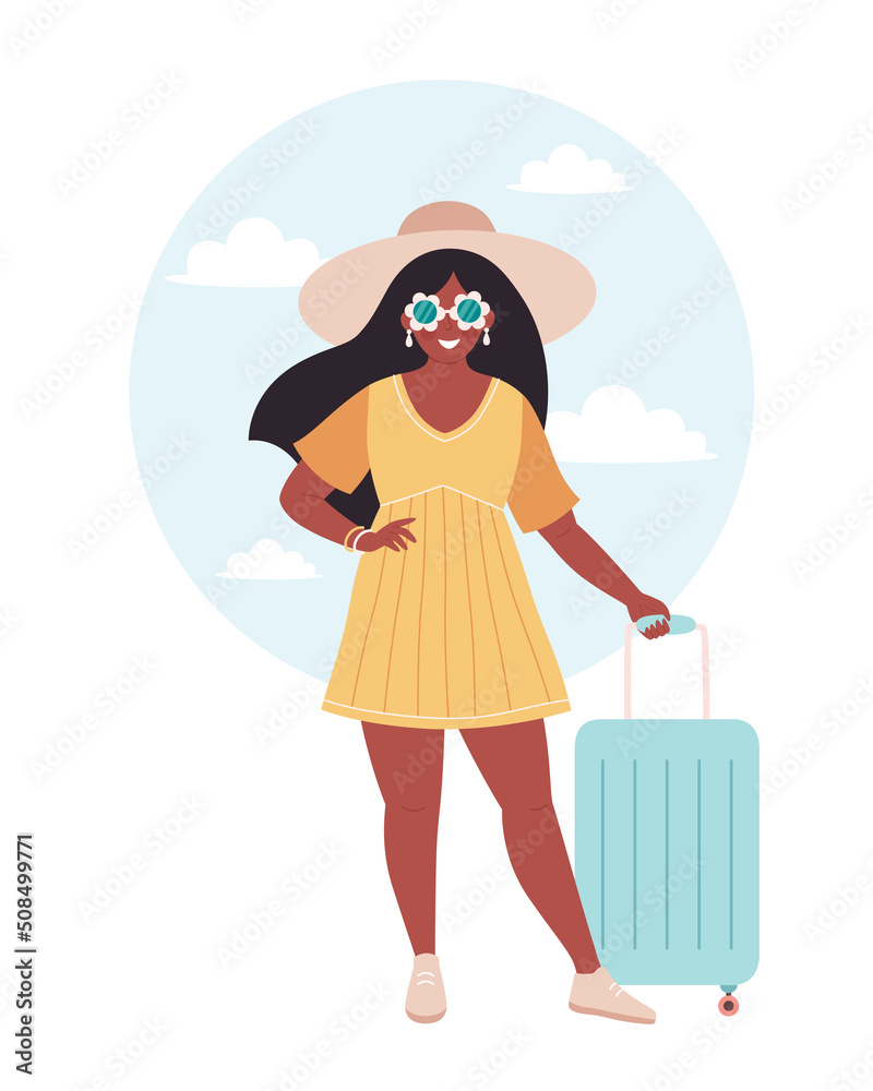 Black woman tourist with travel bag or luggage. Summer vacation, summer traveling, summertime. Hand drawn vector illustration Black woman tourist with travel bag or luggage. Summer vacation, summer traveling, summertime. Hand drawn vector illustration