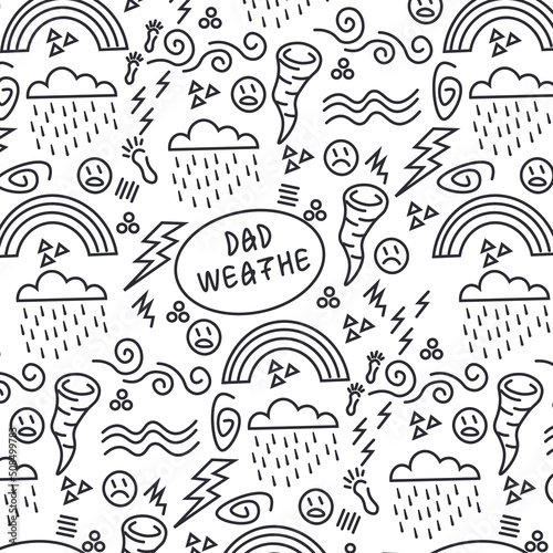 Cute set of illustrations with clouds, sad emoticons, rain, hurricane, lightning, rainbow. Inscription bad weather. Childish seamless pattern for wallpapers, posters, banners.