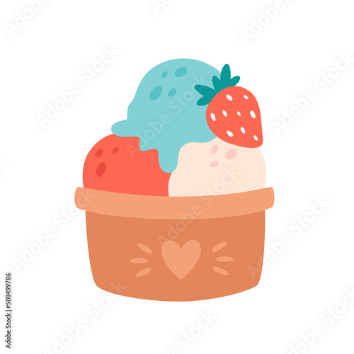 Ice cream scoops in cup with different flavors, toppings and strawberry. Summertime, hello summer. Hand drawn vector illustration
