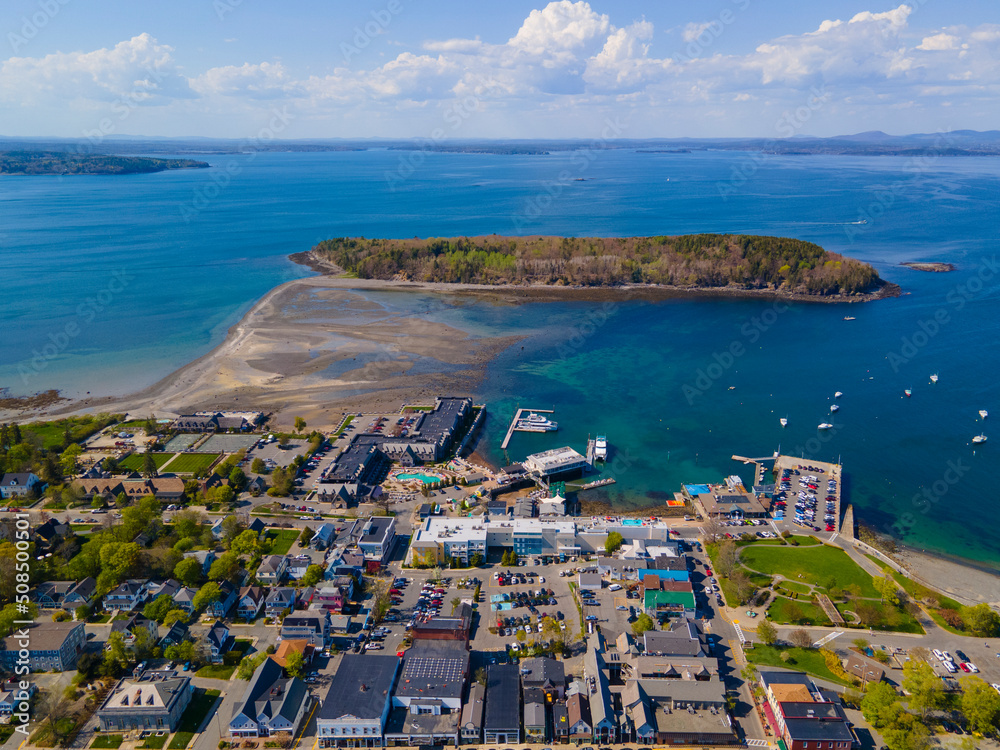 Bar Harbor historic town center on Main Street and Bar Island in Frenchman Bay aerial view, Bar Harbor, Maine ME, USA. 