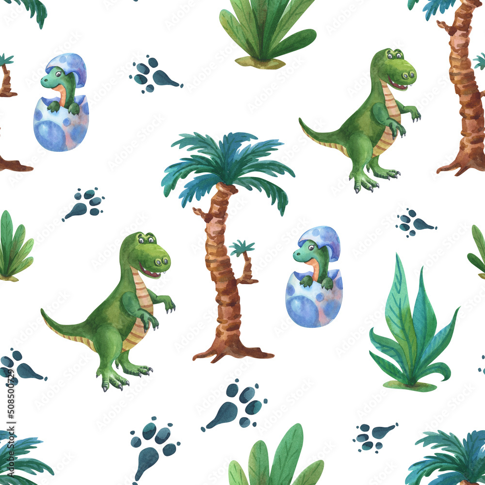 Fototapeta premium Watercolor Cute tyrannosaurus, green dinosaur baby in egg