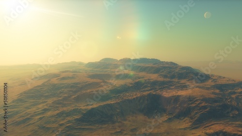 Mars like red planet, with arid landscape, rocky hills and mountains, for space exploration and science fiction backgrounds.