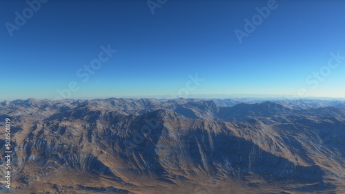 Mars like red planet  with arid landscape  rocky hills and mountains  for space exploration and science fiction backgrounds.