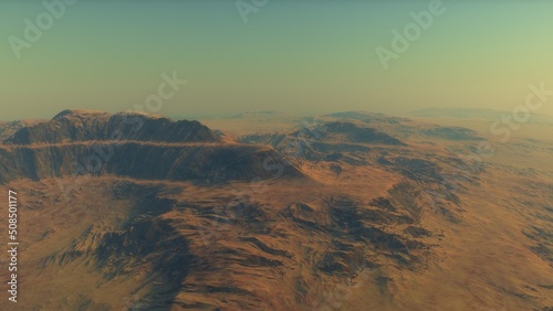 Mars like red planet  with arid landscape  rocky hills and mountains  for space exploration and science fiction backgrounds.