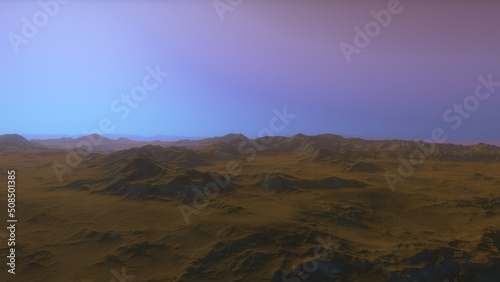 Mars like red planet, with arid landscape, rocky hills and mountains, for space exploration and science fiction backgrounds.