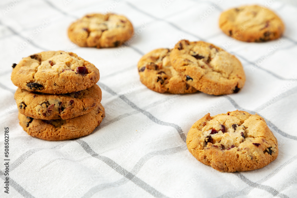 Homemade White Chocolate Cranberry Cookies, side view. Homemade White Chocolate Cranberry Cookies, side view.