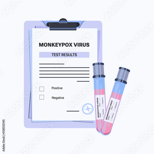 Monkeypox virus vector illustration purple clipboard with results of test. Blood sample tube for Monkeypox virus test. Monkeypox virus zoonotic viral disease 