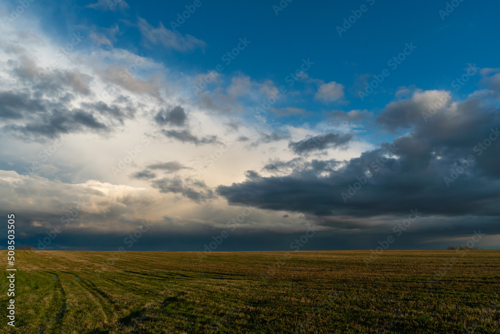 A beautiful thundercloud with rain hovered over a field of wheat. A terrible black cloud on the eve of a tornado and a natural disaster. A hurricane in the countryside. A beautiful thundercloud with rain hovered over a field of wheat. A terrible black cloud on the eve of a tornado and a natural disaster. A hurricane in the countryside.