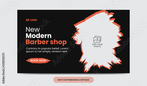 Modern barber shop video thumbnail template. Editable salon web banner template
