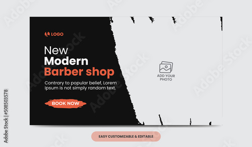 Modern barber shop video thumbnail template. Editable salon web banner template