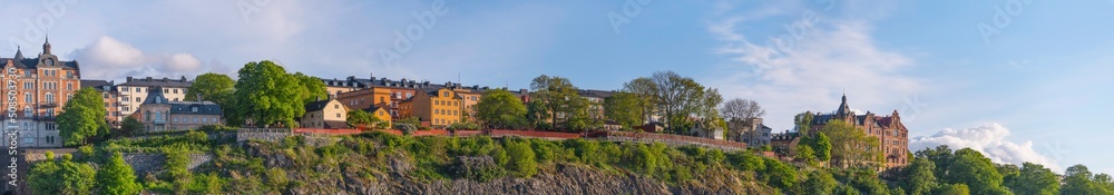 Panorama view of the board walk with mile wide view in the district Södermalm an evening sunny summer day in Stockholm