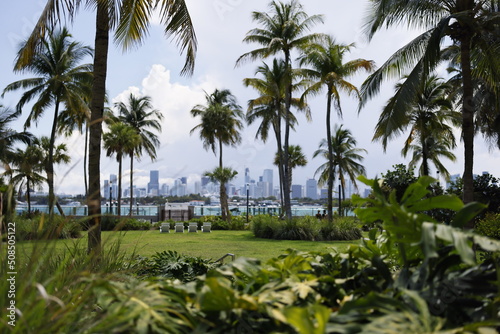 View of city of Miami across a Biscayne Bay lagoon in Miami Beach Florida USA © Inga