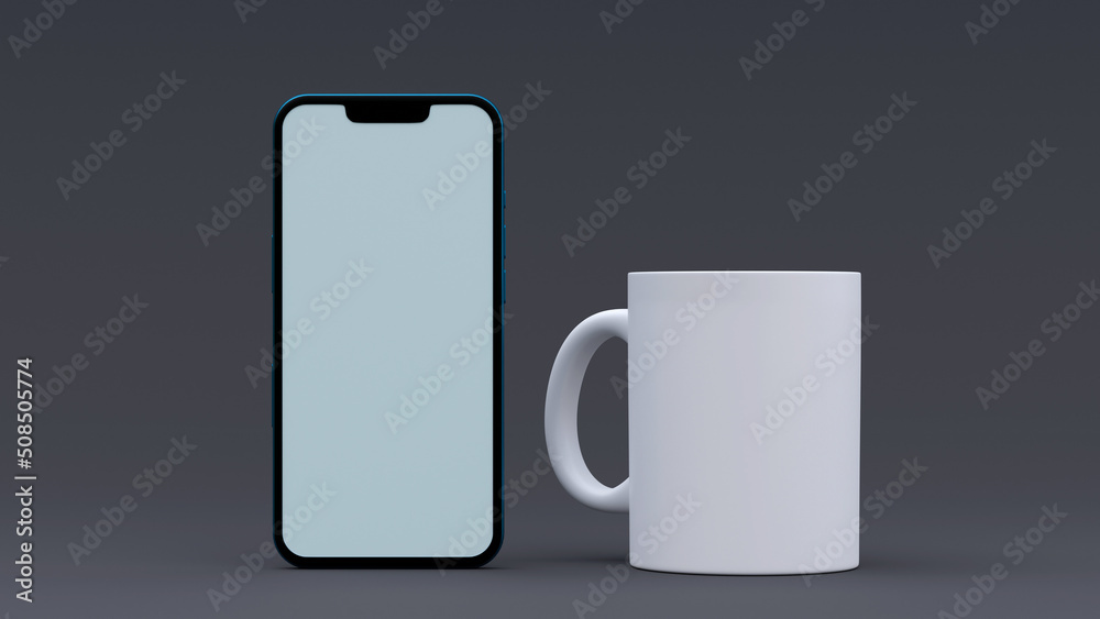 Phone and Mug Mockup. 3d Render, Dark Background. Phone and Mug Mockup. 3d Render, Dark Background.