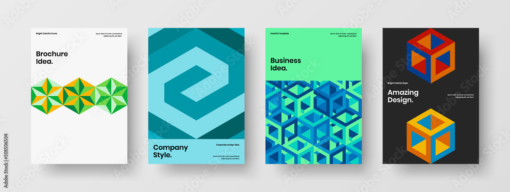 Bright pamphlet vector design layout set. Colorful geometric hexagons poster concept bundle.