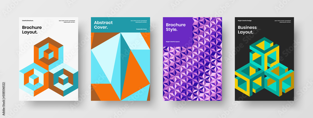Original flyer A4 vector design concept collection. Bright geometric hexagons booklet template composition.