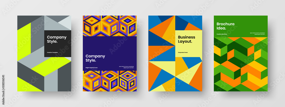 Multicolored magazine cover A4 vector design layout collection. Original geometric shapes handbill concept bundle.