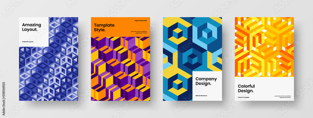 Premium geometric hexagons cover template composition. Vivid flyer design vector layout collection.