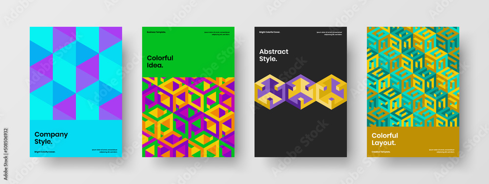 Clean company cover design vector layout composition. Colorful geometric hexagons annual report concept bundle.