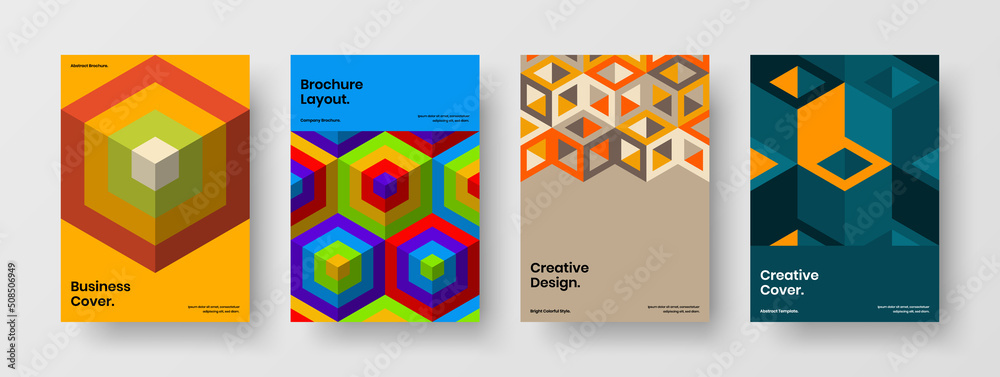 Abstract company brochure A4 vector design concept set. Premium geometric pattern journal cover layout composition.