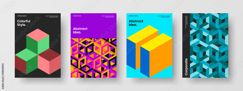 Creative geometric hexagons handbill concept bundle. Premium leaflet A4 vector design layout composition.