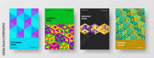 Clean company cover design vector layout composition. Colorful geometric hexagons annual report concept bundle.